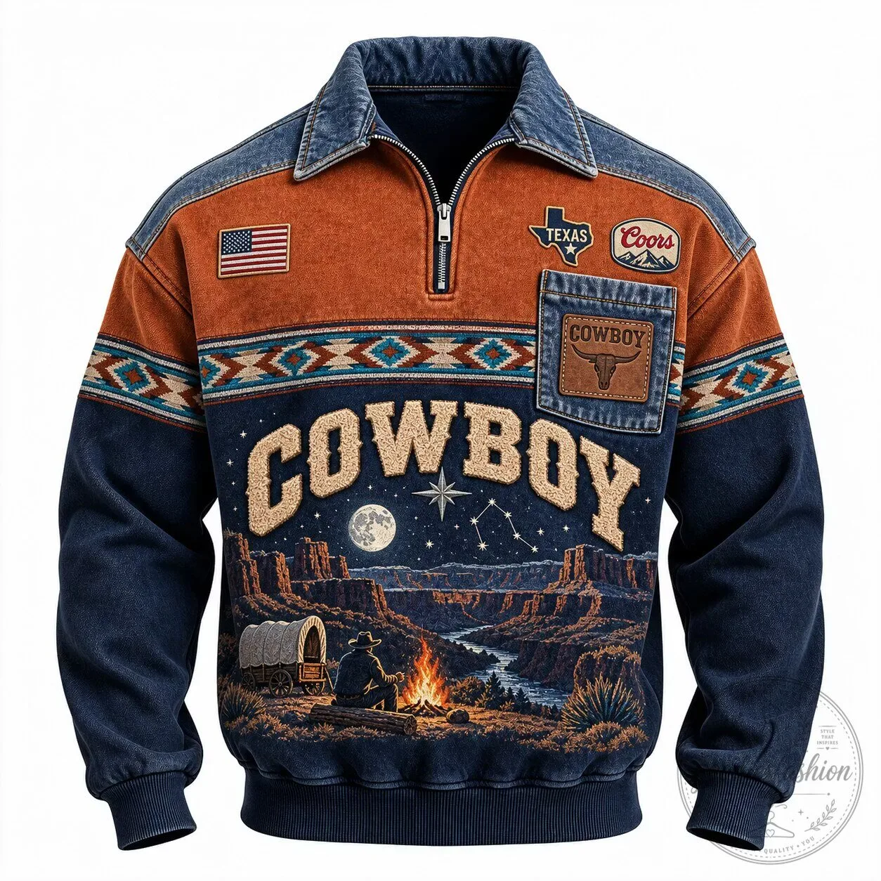 Western Cowboy Campfire Texas Coors Beer Denim Quarter Zip Long Sleeve Sweatshirt