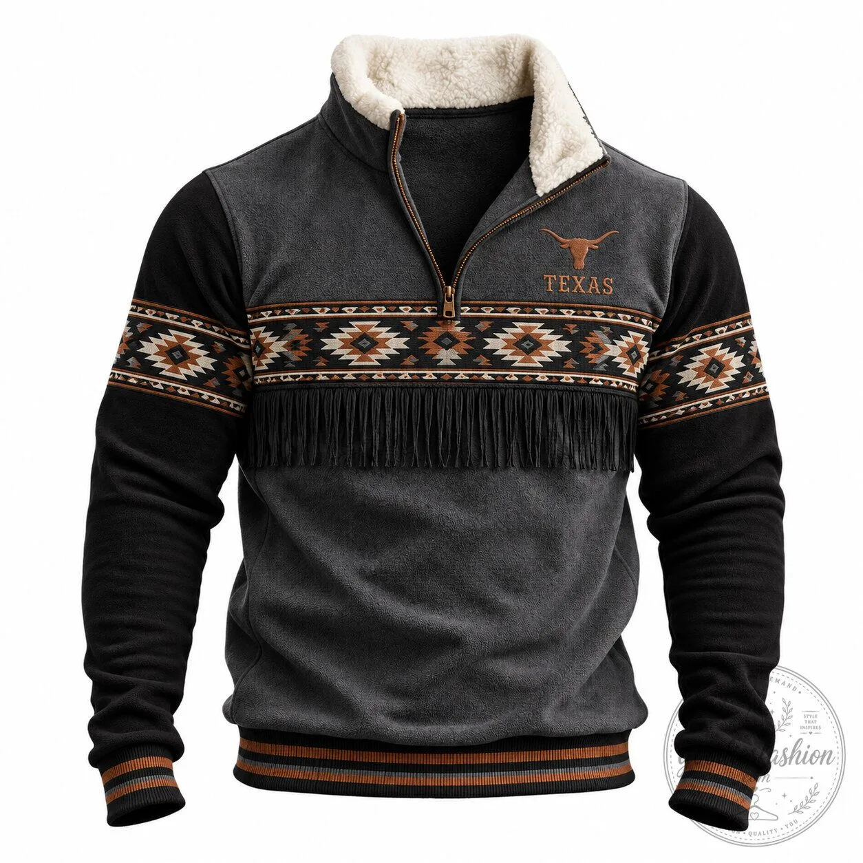 Texas Longhorns Western Style Half-Zip Fleece Sweatshirt with Faux Fur Collar