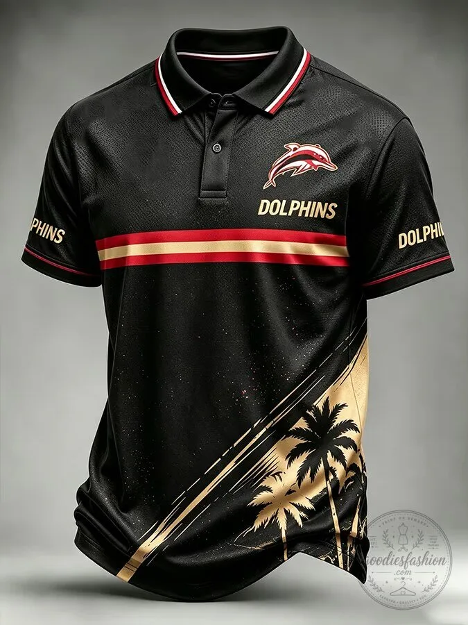 Miami Dolphins Black and Gold Palm Tree Design Polo Shirt