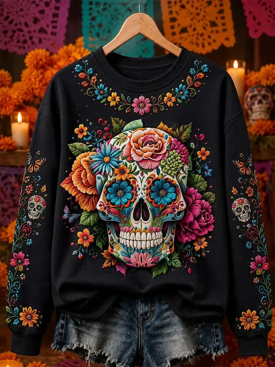 Day of the Dead Sugar Skull Floral Print Black Sweatshirt