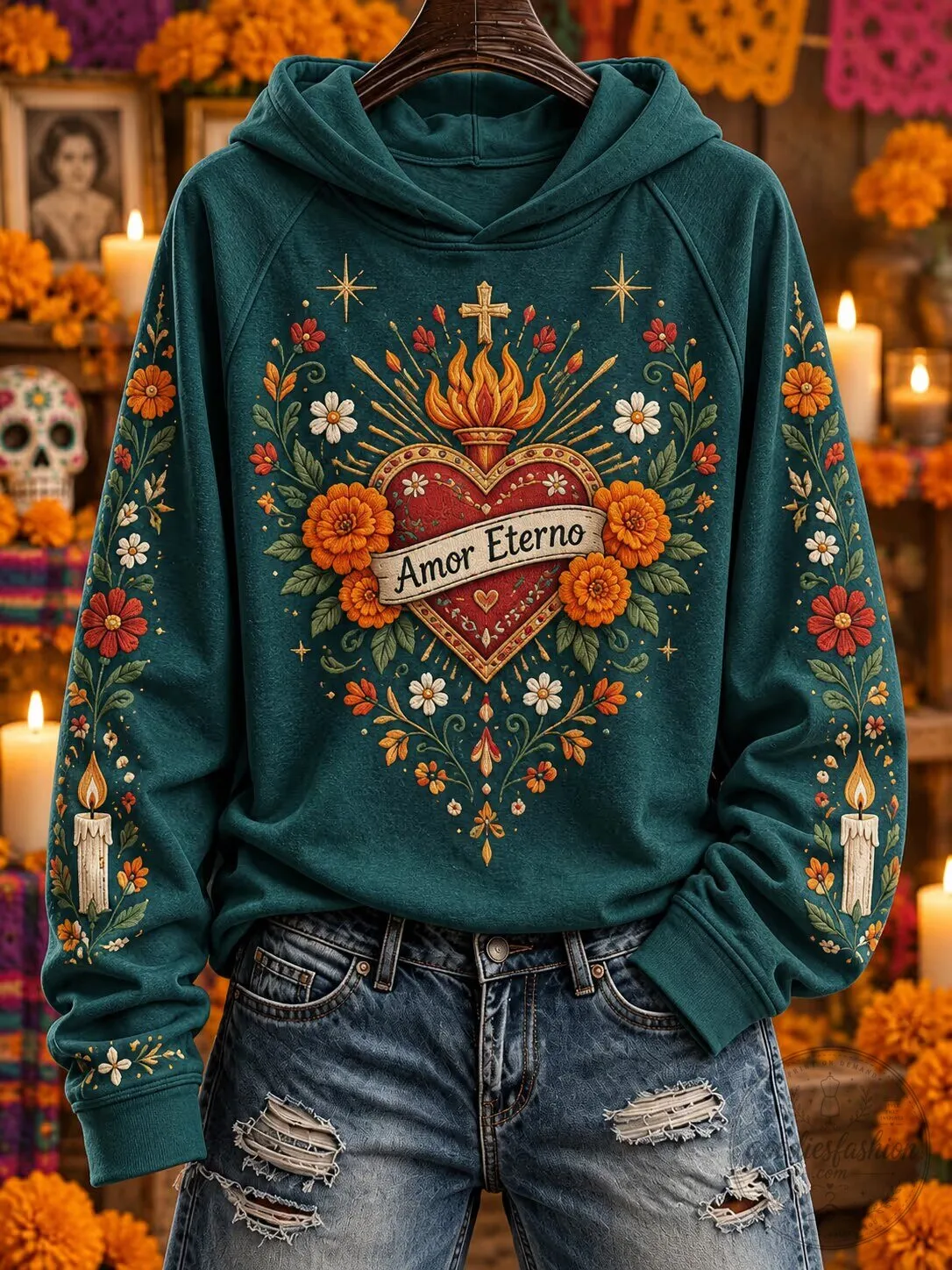 Amor Eterno Sacred Heart Floral Day of the Dead Hoodie for Women
