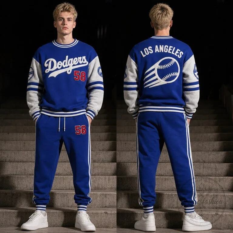 Crewneck Sweatshirt and Jogger Pants Set Featuring Los Angeles Dodgers Team Logo