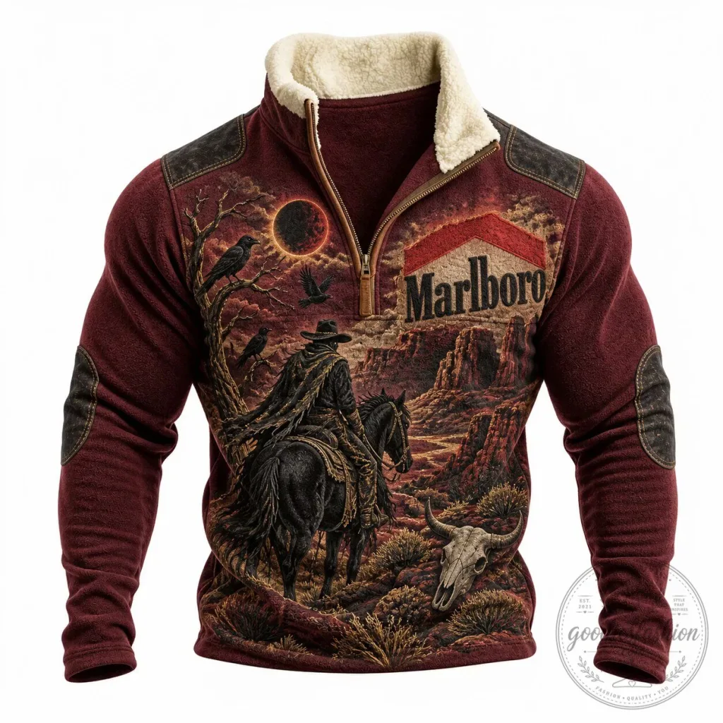 Marlboro Country Cowboy Eclipse Western Half-Zip Faux Fur Collar Sweatshirt Marlboro Country Cowboy Eclipse Western Half-Zip Faux Fur Collar Sweatshirt