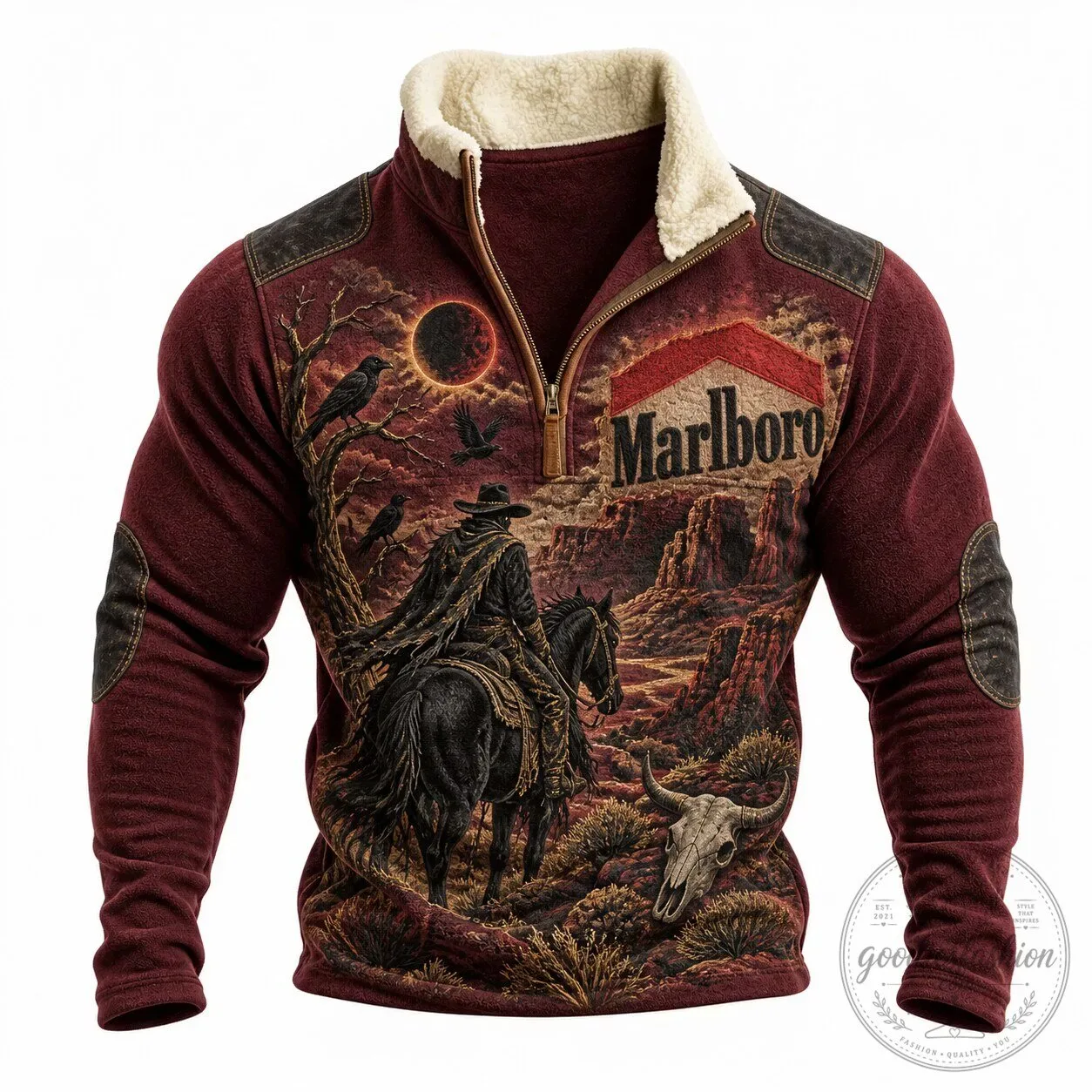 Marlboro Country Cowboy Eclipse Western Half-Zip Faux Fur Collar Sweatshirt 4 Marlboro Country Cowboy Eclipse Western Half-Zip Faux Fur Collar Sweatshirt