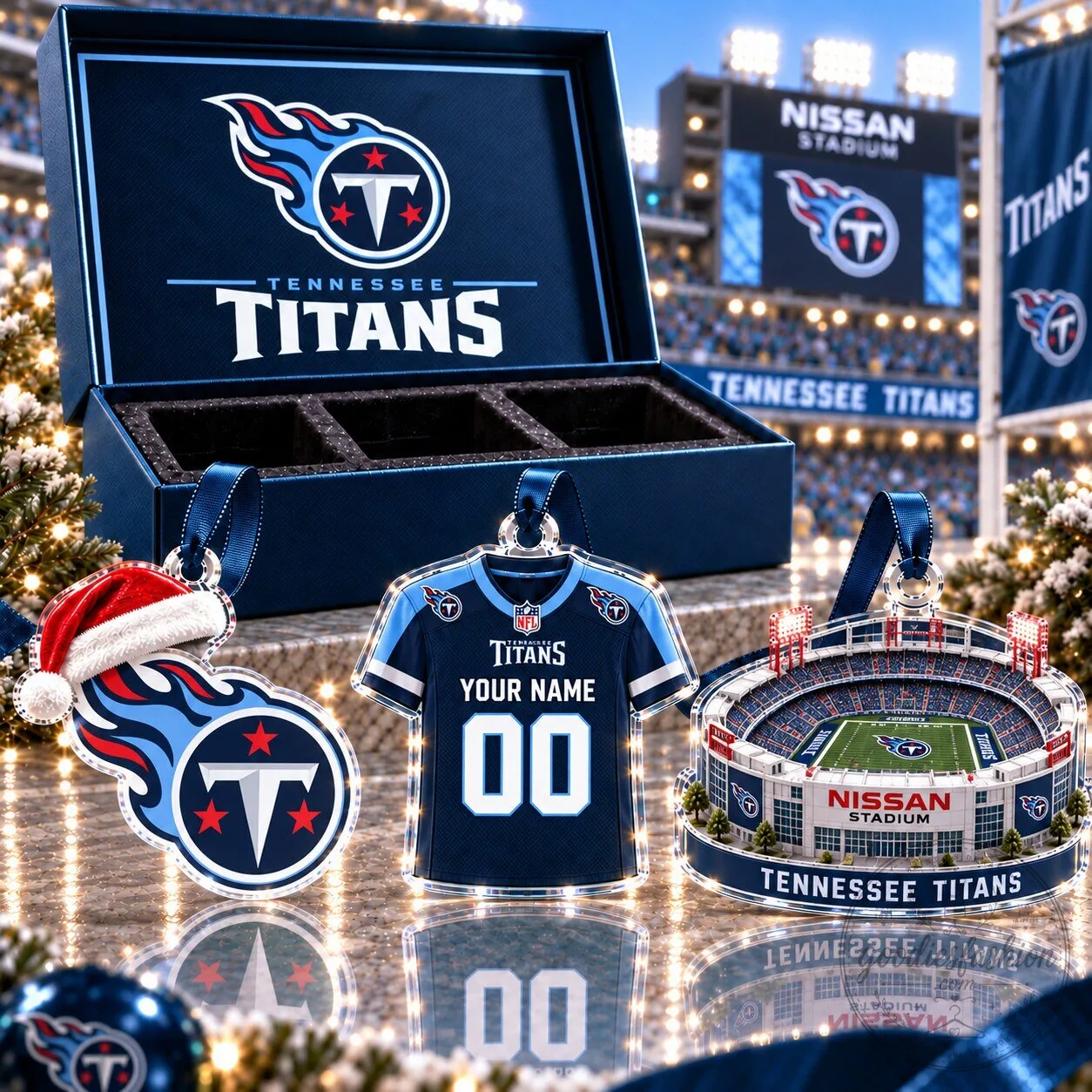Tennessee Titans NFL Football Team Logo Nissan Stadium Acrylic Christmas Ornament Set