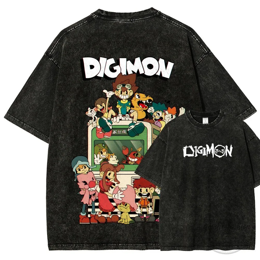 Digimon Adventure Anime Characters Group Black Washed T-Shirt