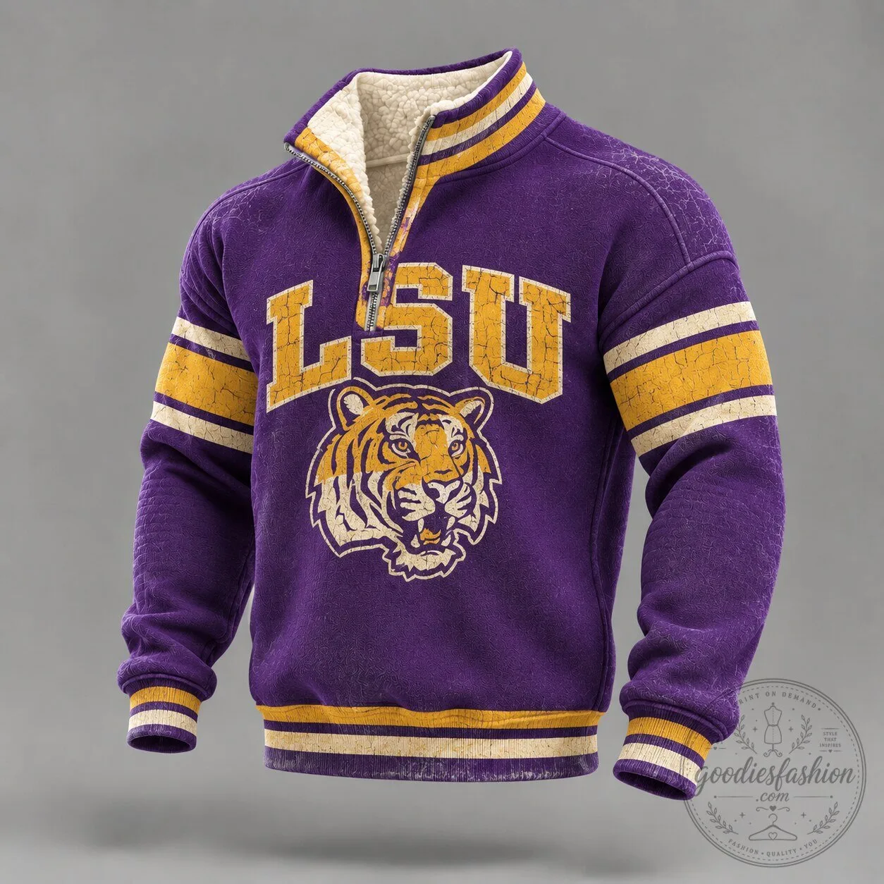 LSU Tigers Distressed Logo Quarter-Zip Pullover Sweatshirt With Striped Trim 3 LSU Tigers Distressed Logo Quarter-Zip Pullover Sweatshirt With Striped Trim