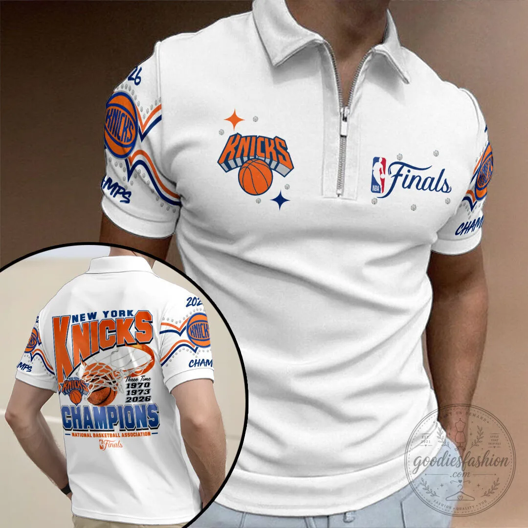 New York Knicks 2026 NBA Finals Champions White Zip Polo Shirt