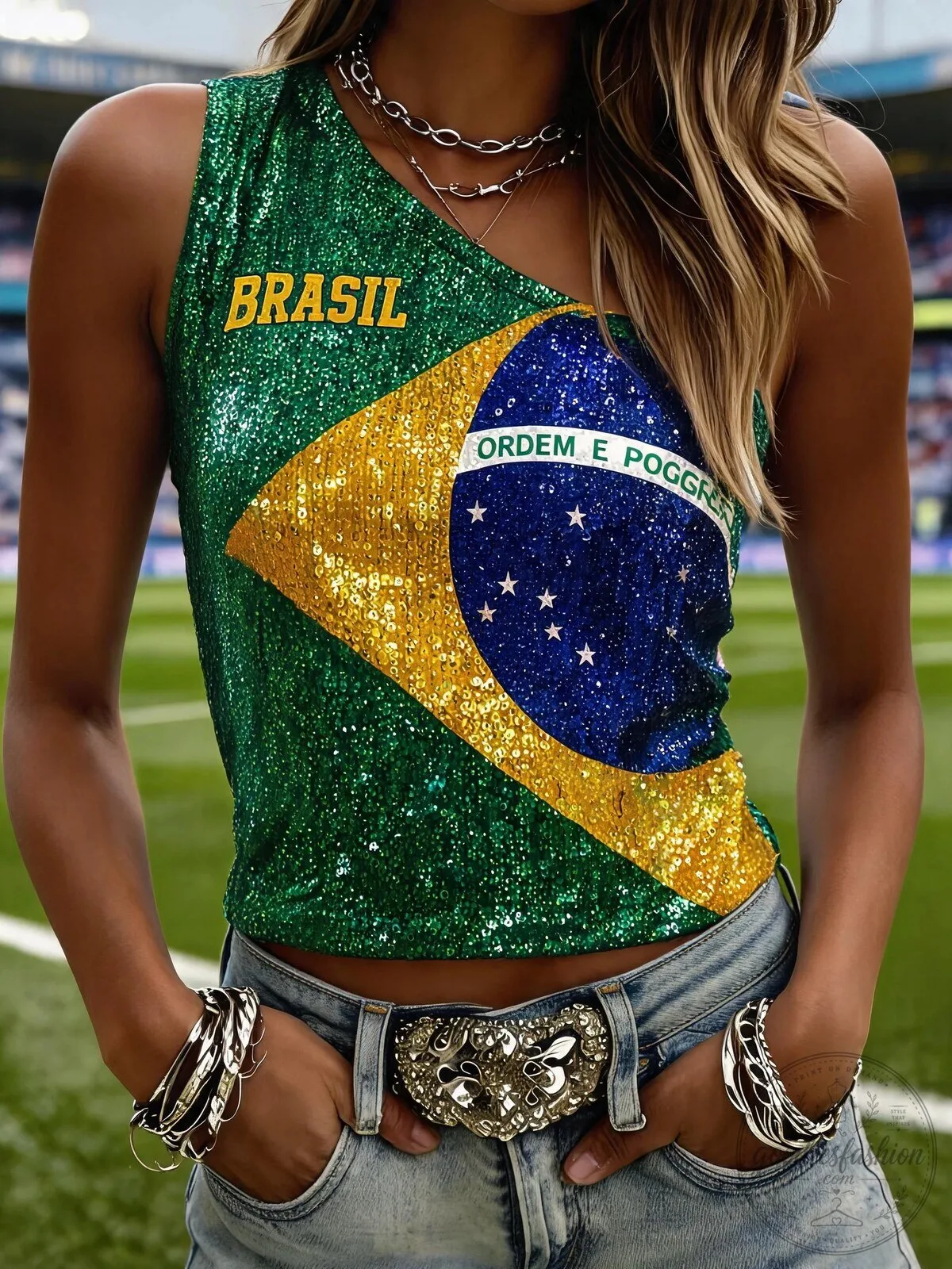 Women's One Shoulder Tank Top with Brazil Flag Sequin Design