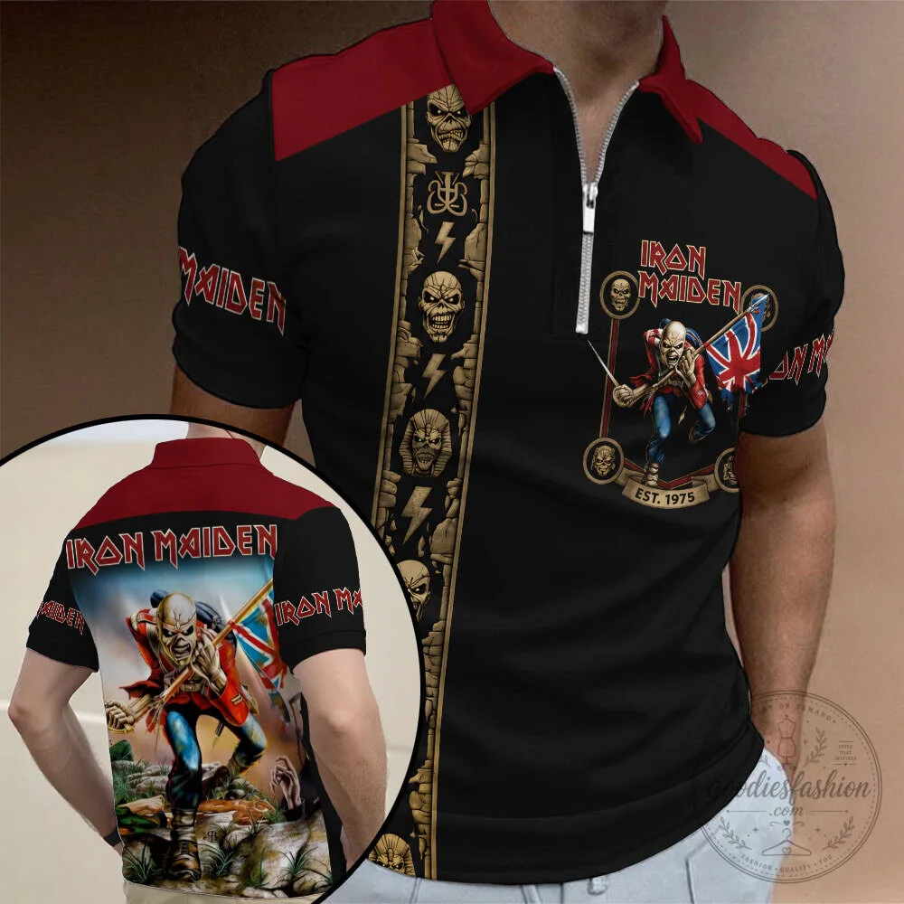 Iron Maiden Eddie The Trooper Heavy Metal Band Zippered Polo Shirt