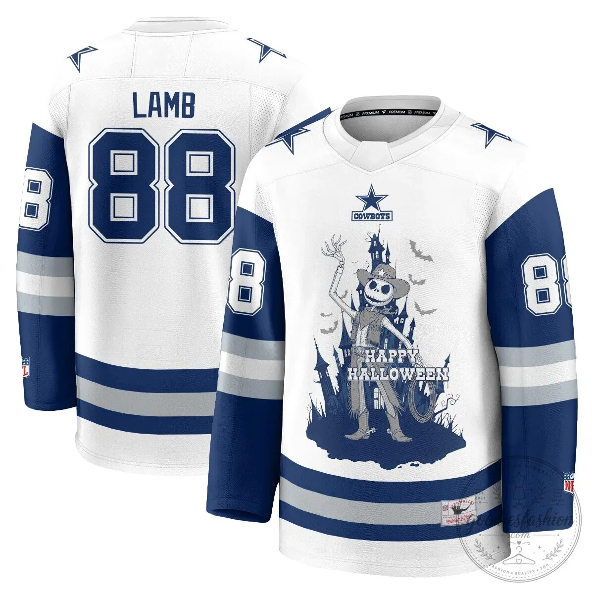 Dallas Cowboys CeeDee Lamb Halloween Skeleton Jack Skellington Hockey Jersey