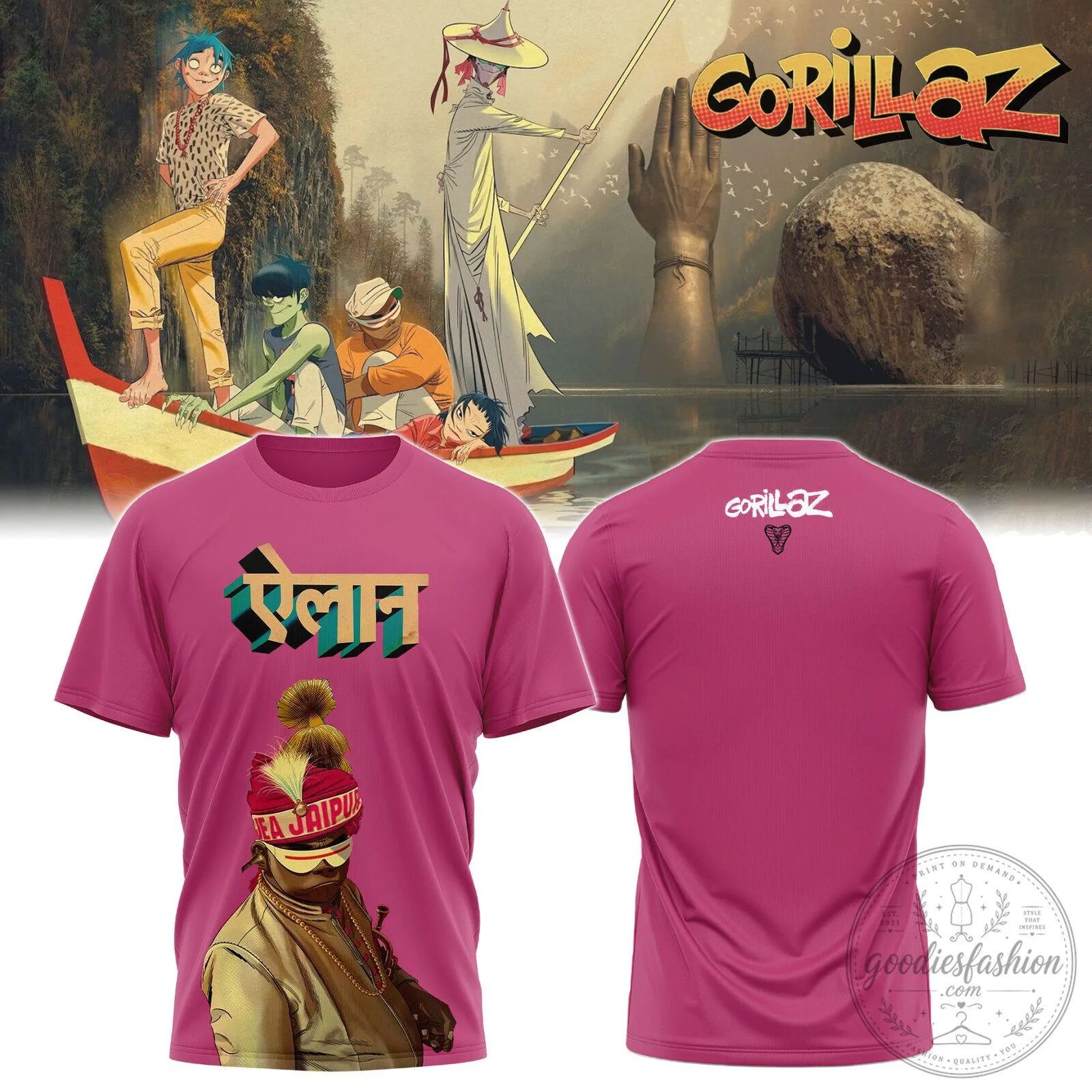 Gorillaz The Mountain Tour Album Art Pink Graphic T-Shirt 2 Gorillaz The Mountain Tour Album Art Pink Graphic T-Shirt