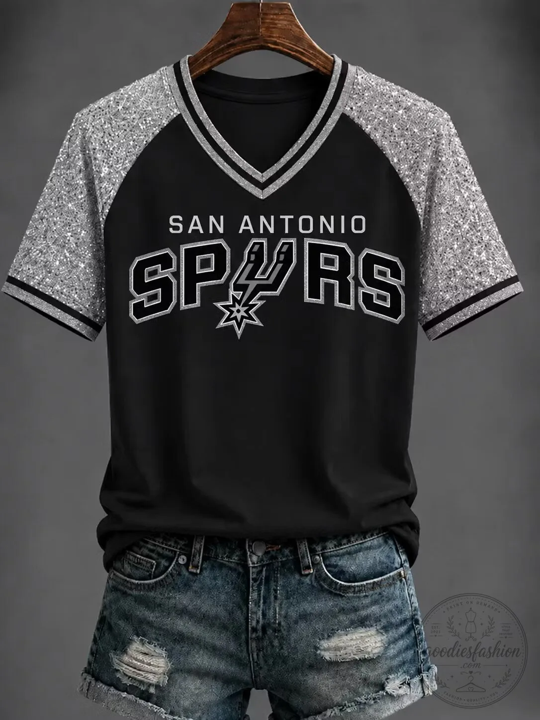 San Antonio Spurs Basketball Team Glitter Short Sleeve V-Neck T-Shirt 1 San Antonio Spurs Basketball Team Glitter Short Sleeve V-Neck T-Shirt