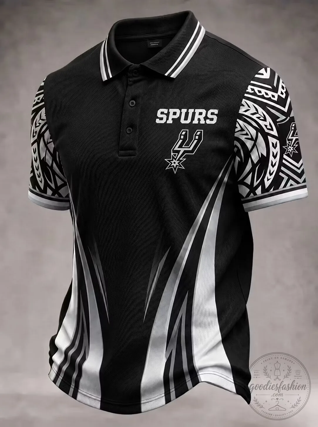 San Antonio Spurs Basketball Team Black and White Tribal Design Polo Shirt