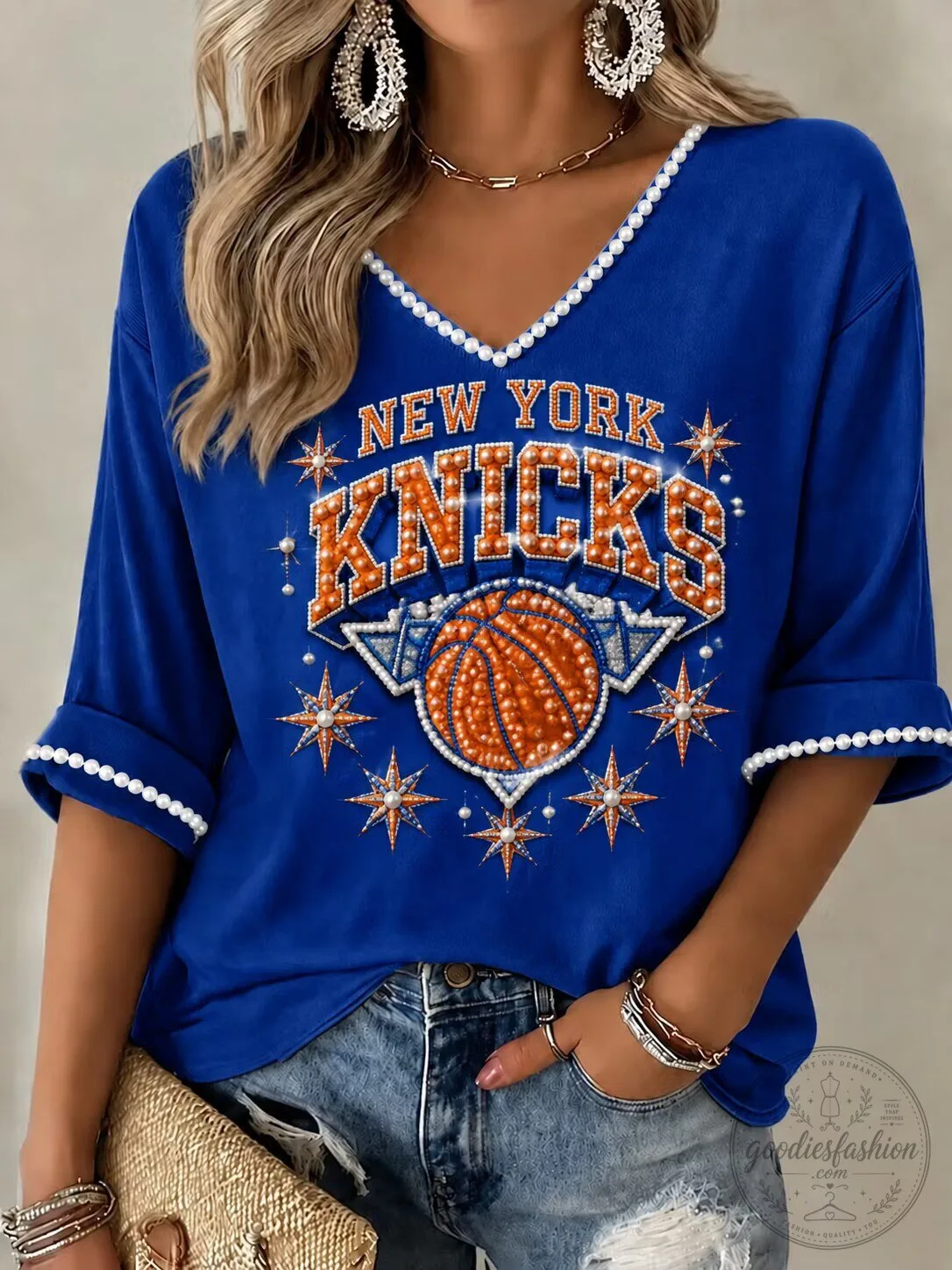 New York Knicks Basketball Team Women's V-Neck T-Shirt with Pom Pom Trim