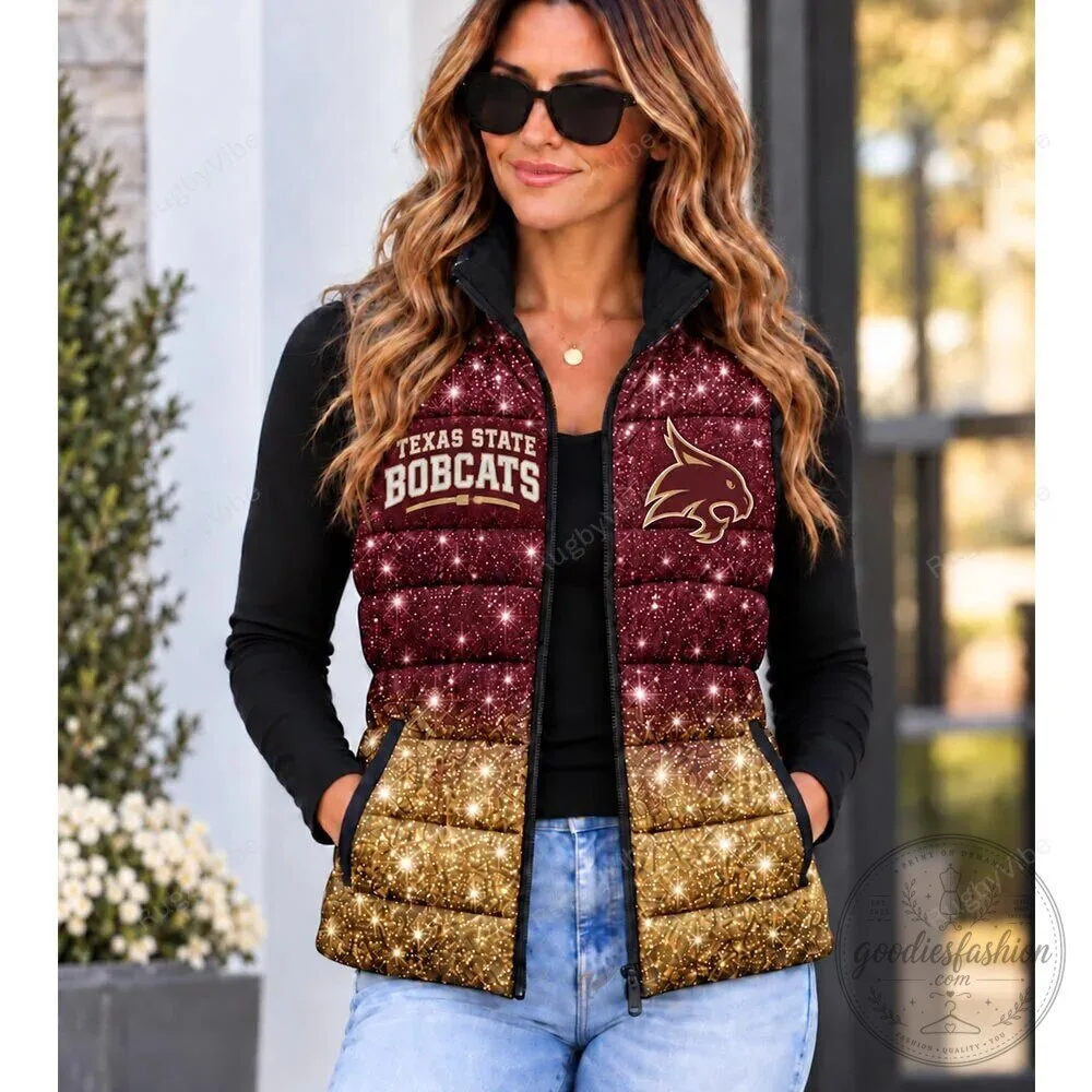 Texas State Bobcats Glitter Sparkle Ombre Maroon Gold Puffer Vest
