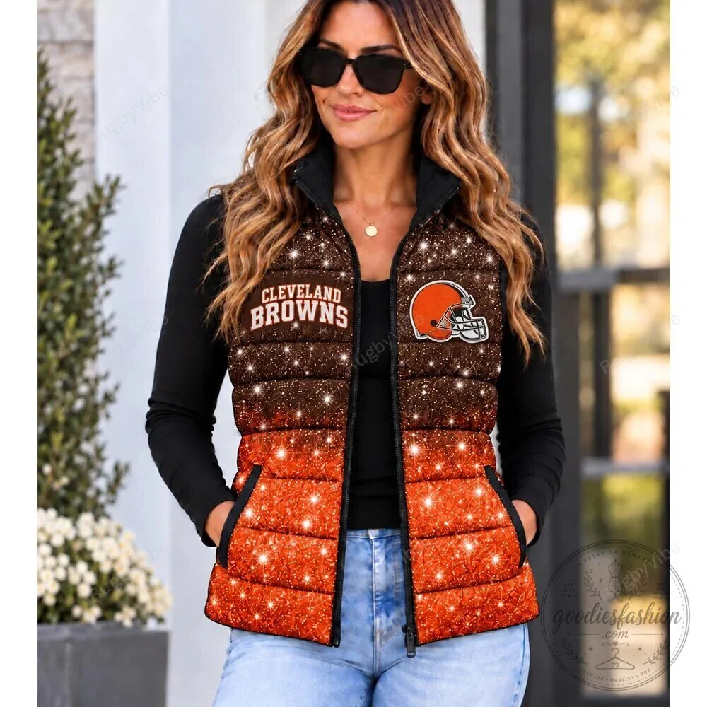 Cleveland Browns Sparkle Glitter Design Puffer Vest