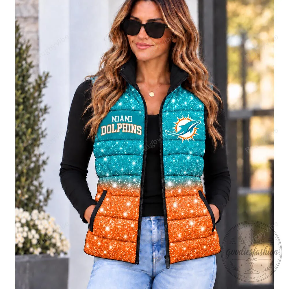 Miami Dolphins Glitter Print Aqua and Orange Puffer Vest