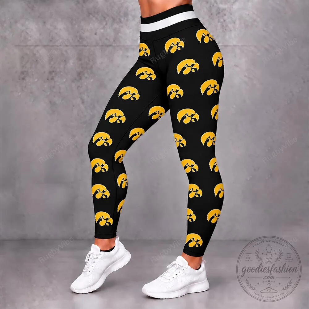 Iowa Hawkeyes Black and Gold Team Logo Pattern Women's Leggings