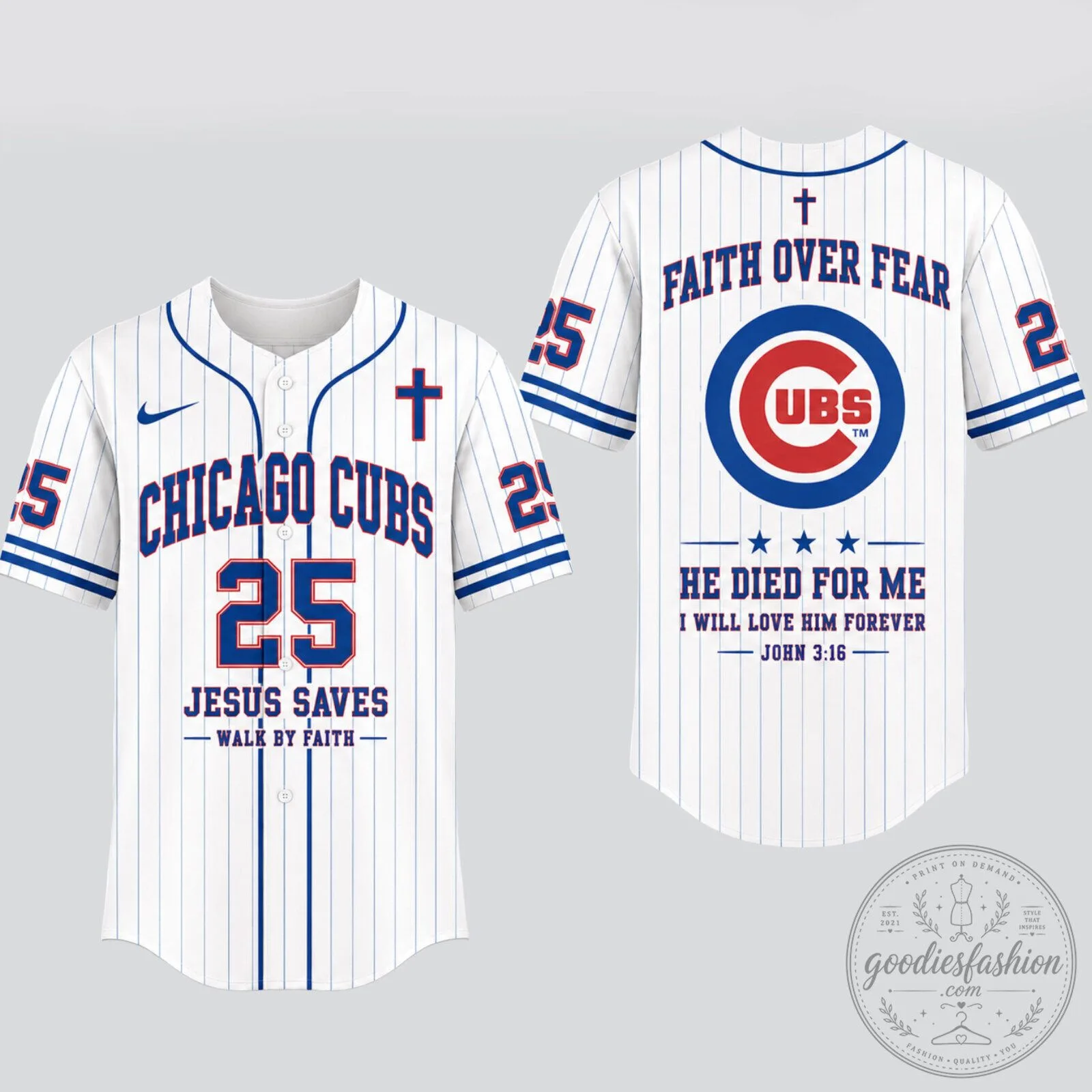 Chicago Cubs Baseball Faith Over Fear Jesus Saves Pinstripe Jersey