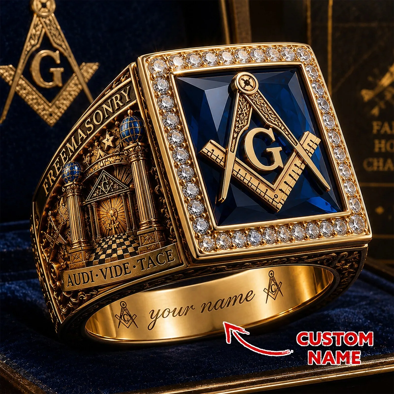 Freemasonry Blue Stone Gold Plated Custom Engraved Masonic Ring