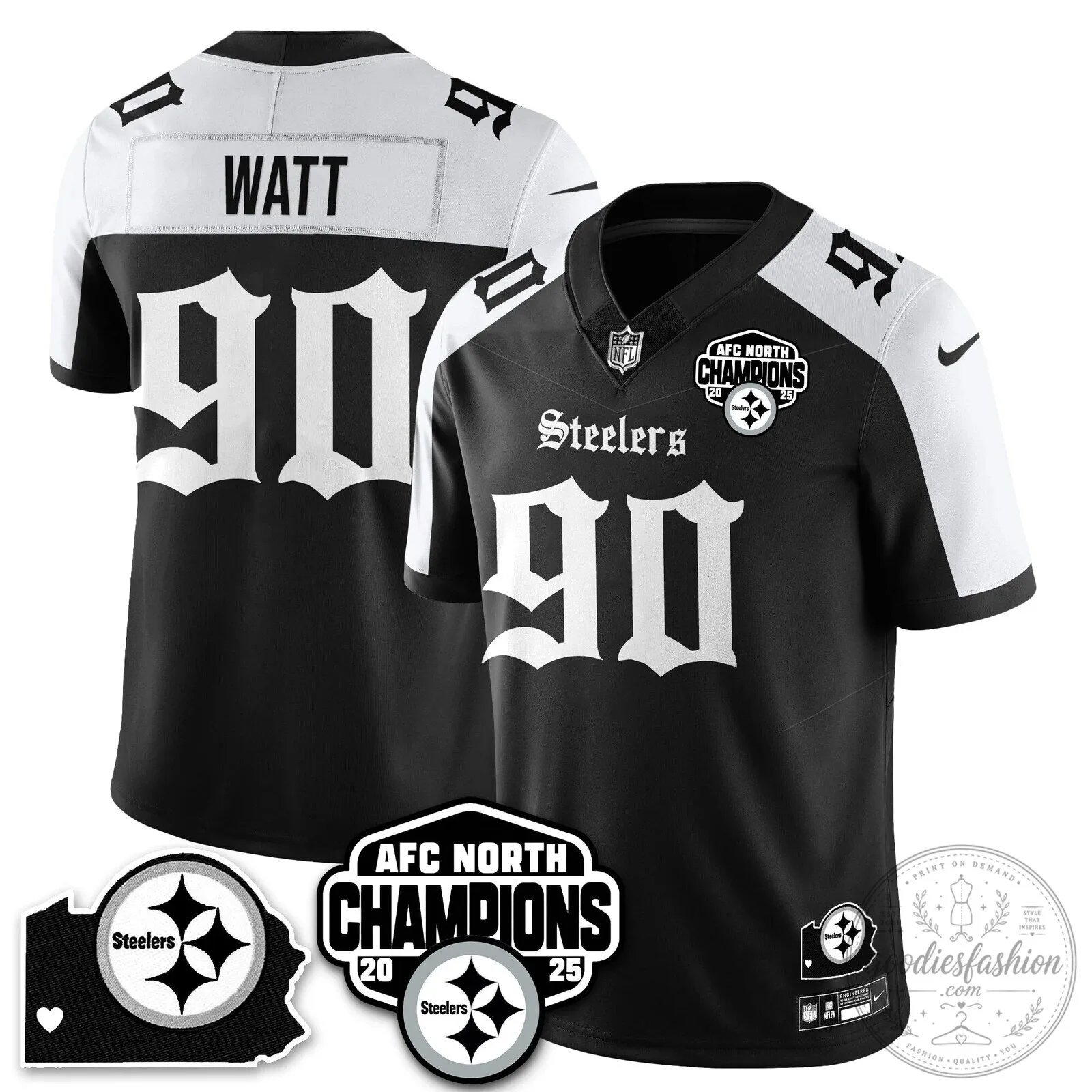 AFC North Champions Pittsburgh Steelers T.J. Watt Number 90 Black Football Jersey