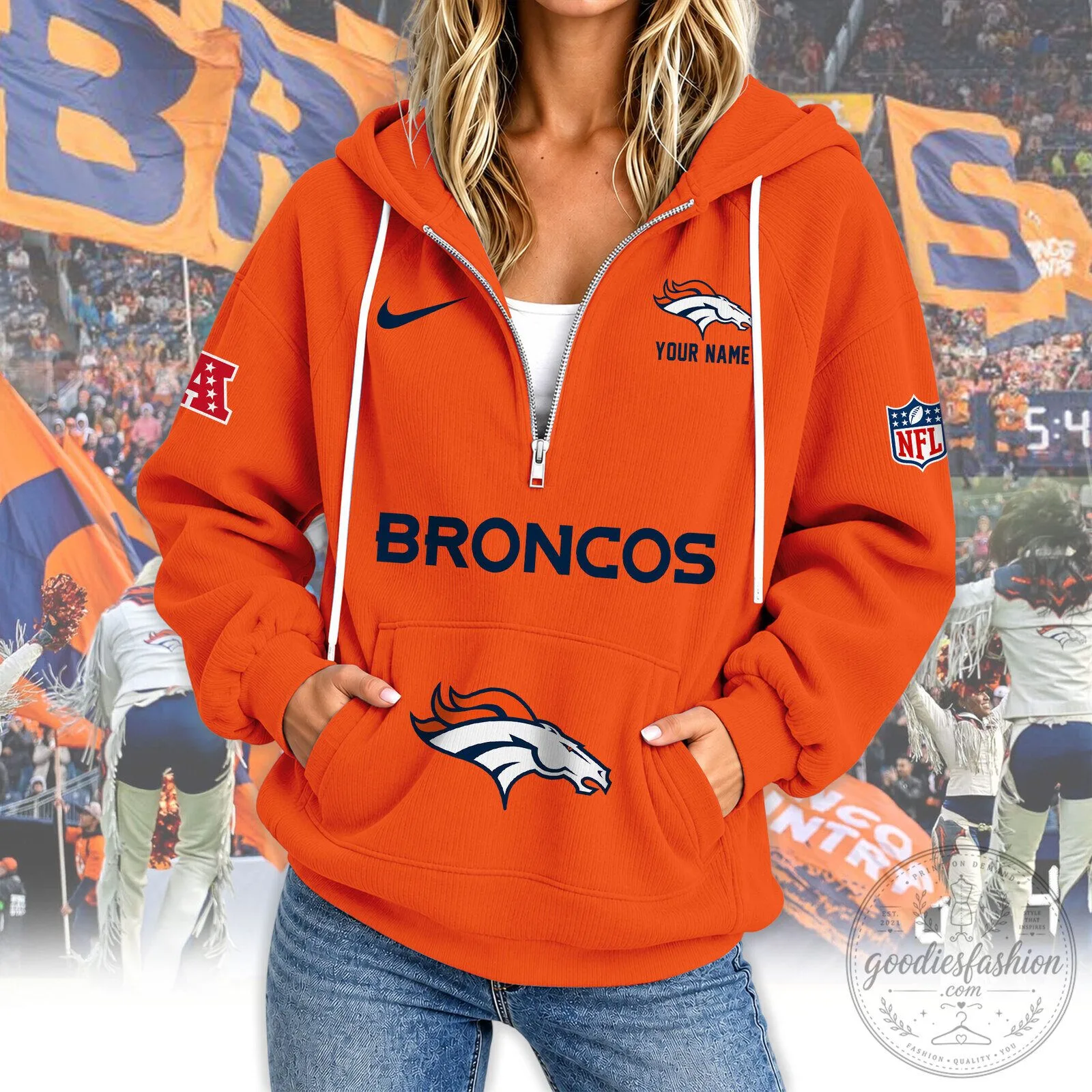 Denver Broncos NFL Football Team Orange Half-Zip Hoodie for Women