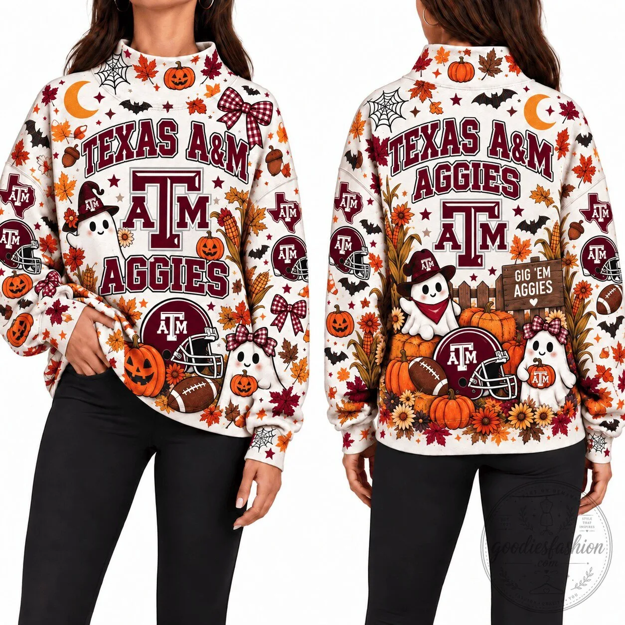 Texas A&M Aggies Halloween Ghost Pumpkin Fall Leaves Sweatshirt