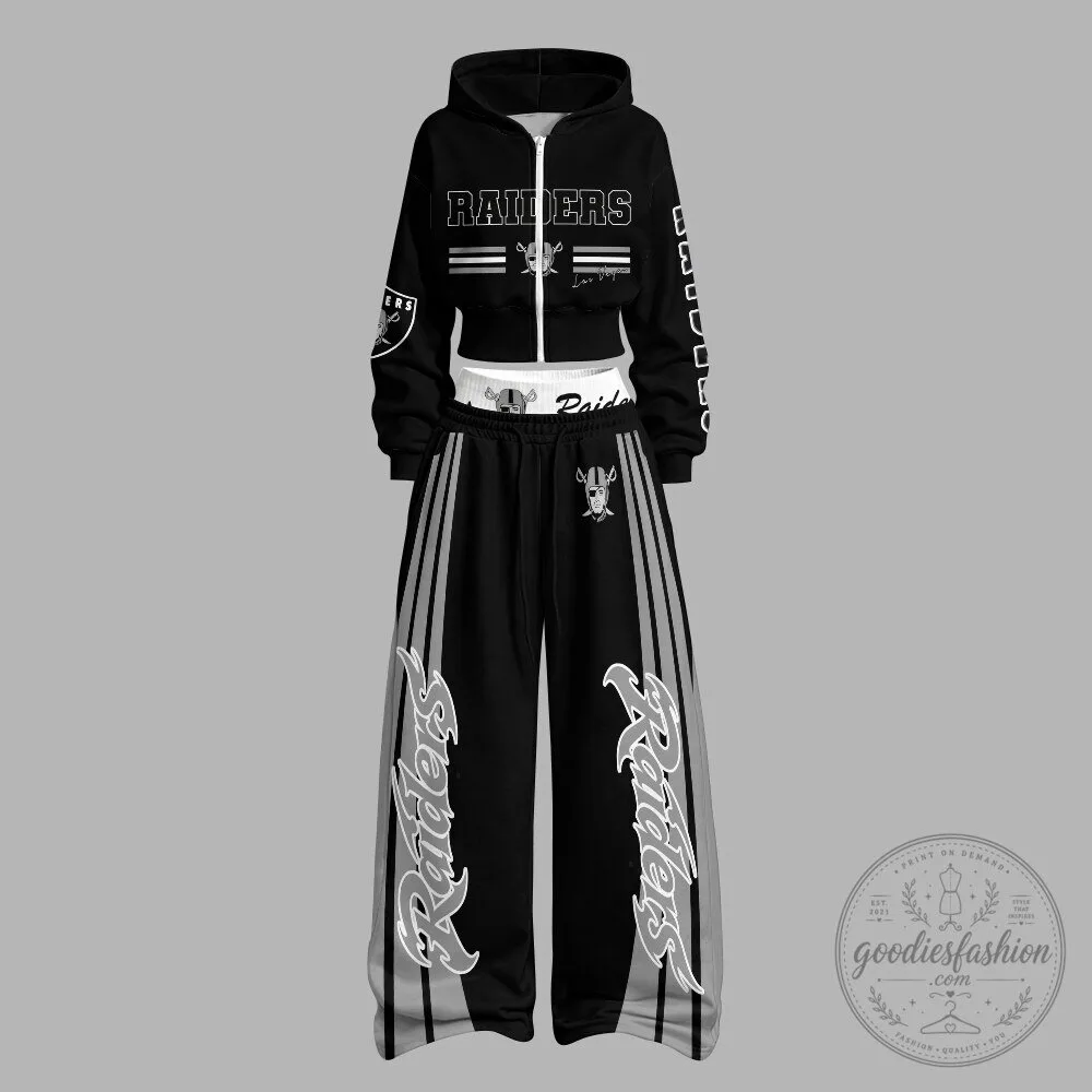 Las Vegas Raiders Women's Cropped Zip-Up Hoodie and Wide Leg Pants Set