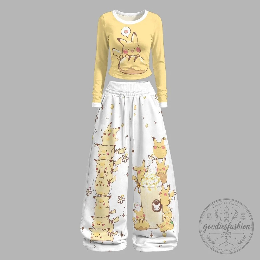 Pikachu Stacked Friends Cute Yellow Long-Sleeve Crop Top and Wide Leg Pants Set