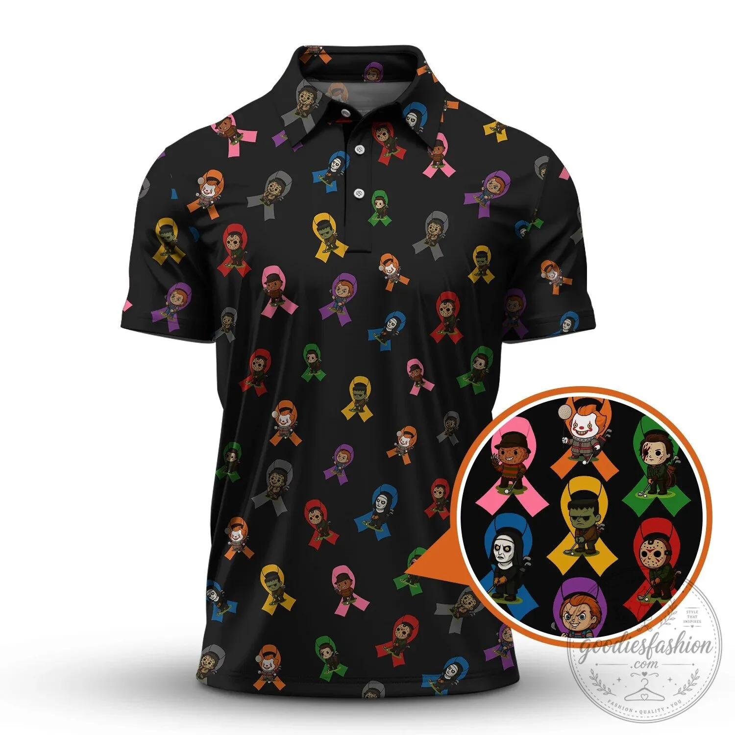 Horror Movie Characters Cancer Survivor Awareness Polo Shirt 1 Horror Movie Characters Cancer Survivor Awareness Polo Shirt
