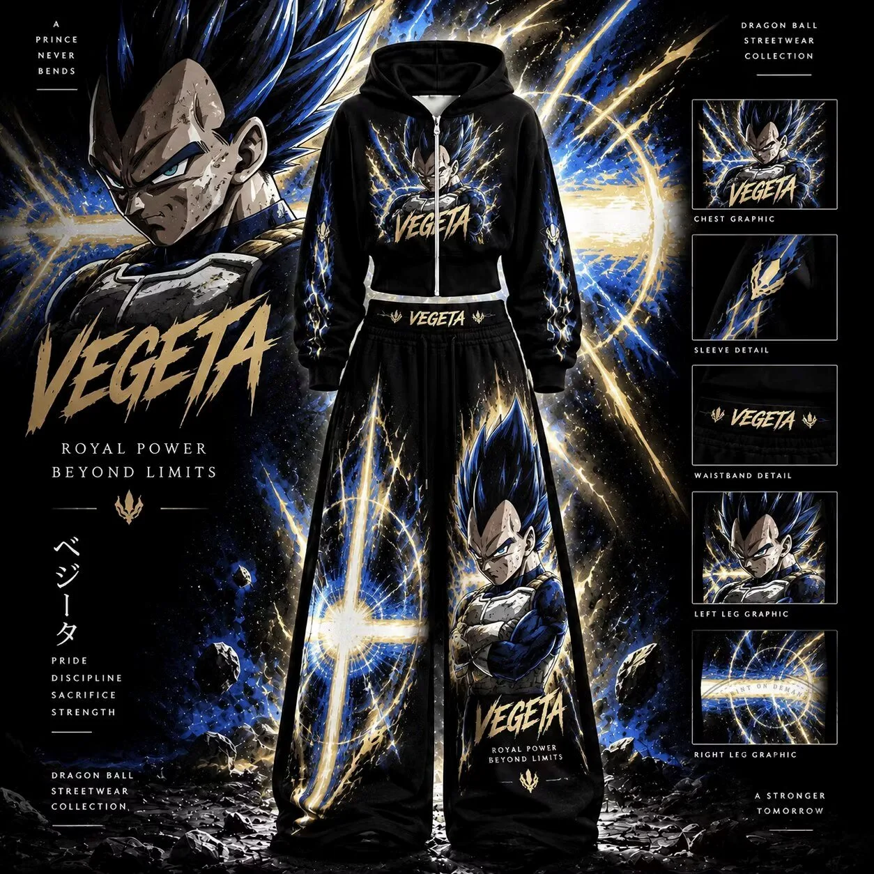 Dragon Ball Super Vegeta Royal Power Beyond Limits Streetwear Hoodie and Pants Set