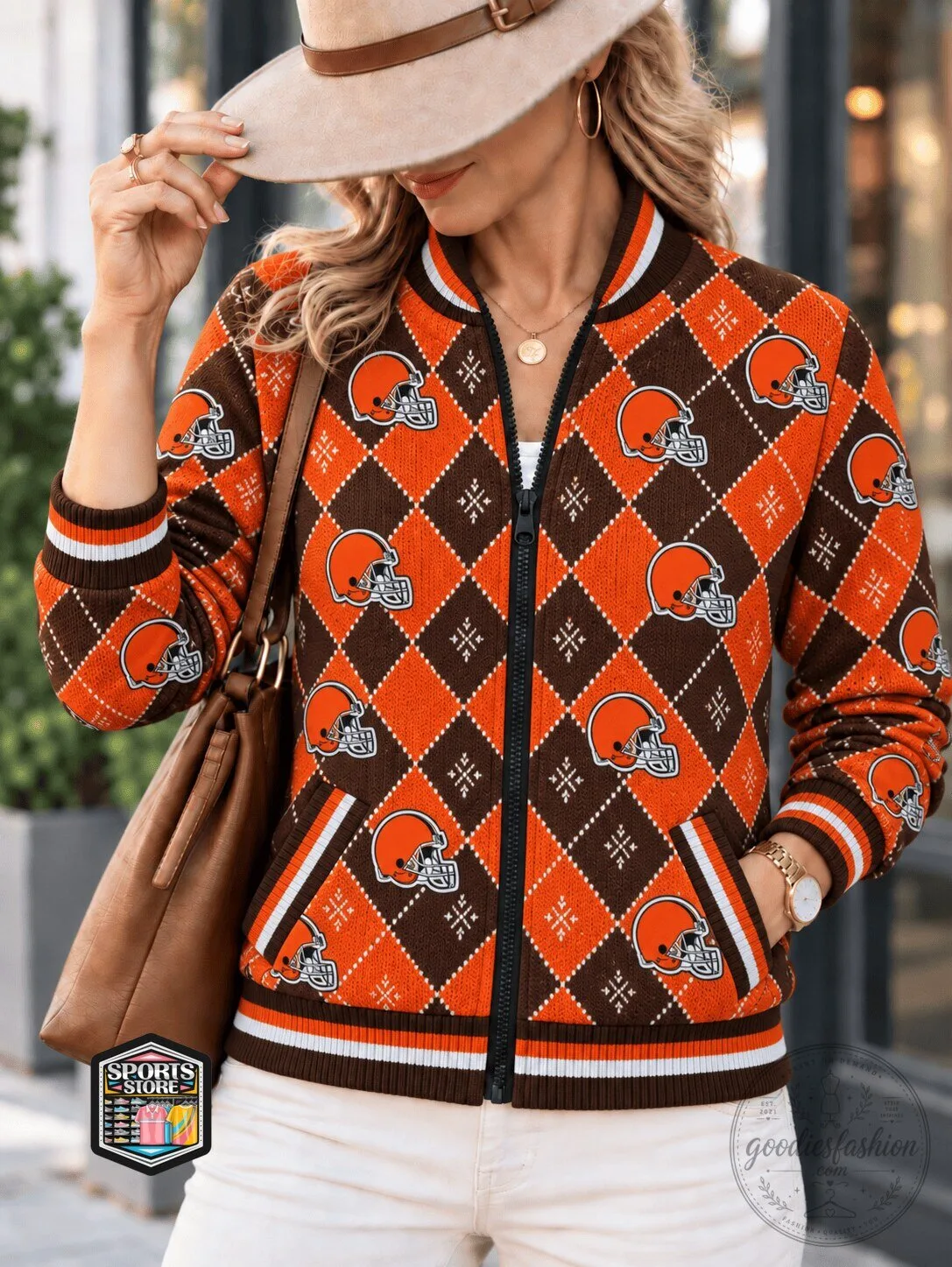 Cleveland Browns Football Team Argyle Pattern Bomber Jacket 2 Cleveland Browns Football Team Argyle Pattern Bomber Jacket