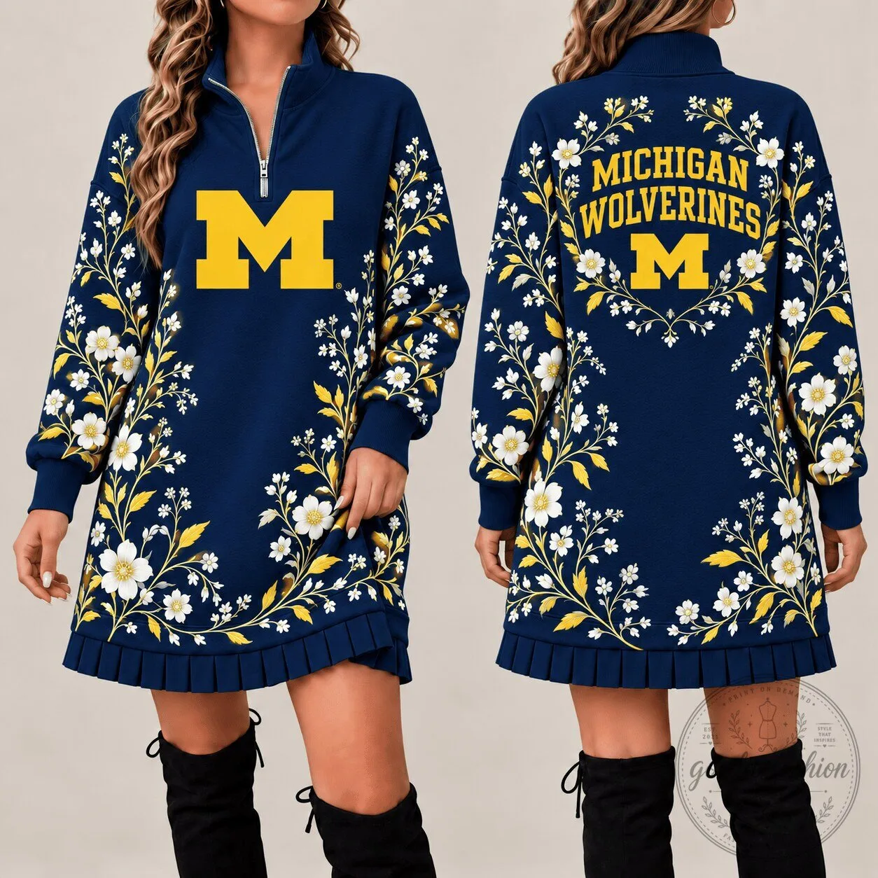 Michigan Wolverines Floral Pattern Quarter Zip Long Sleeve Sweatshirt Dress
