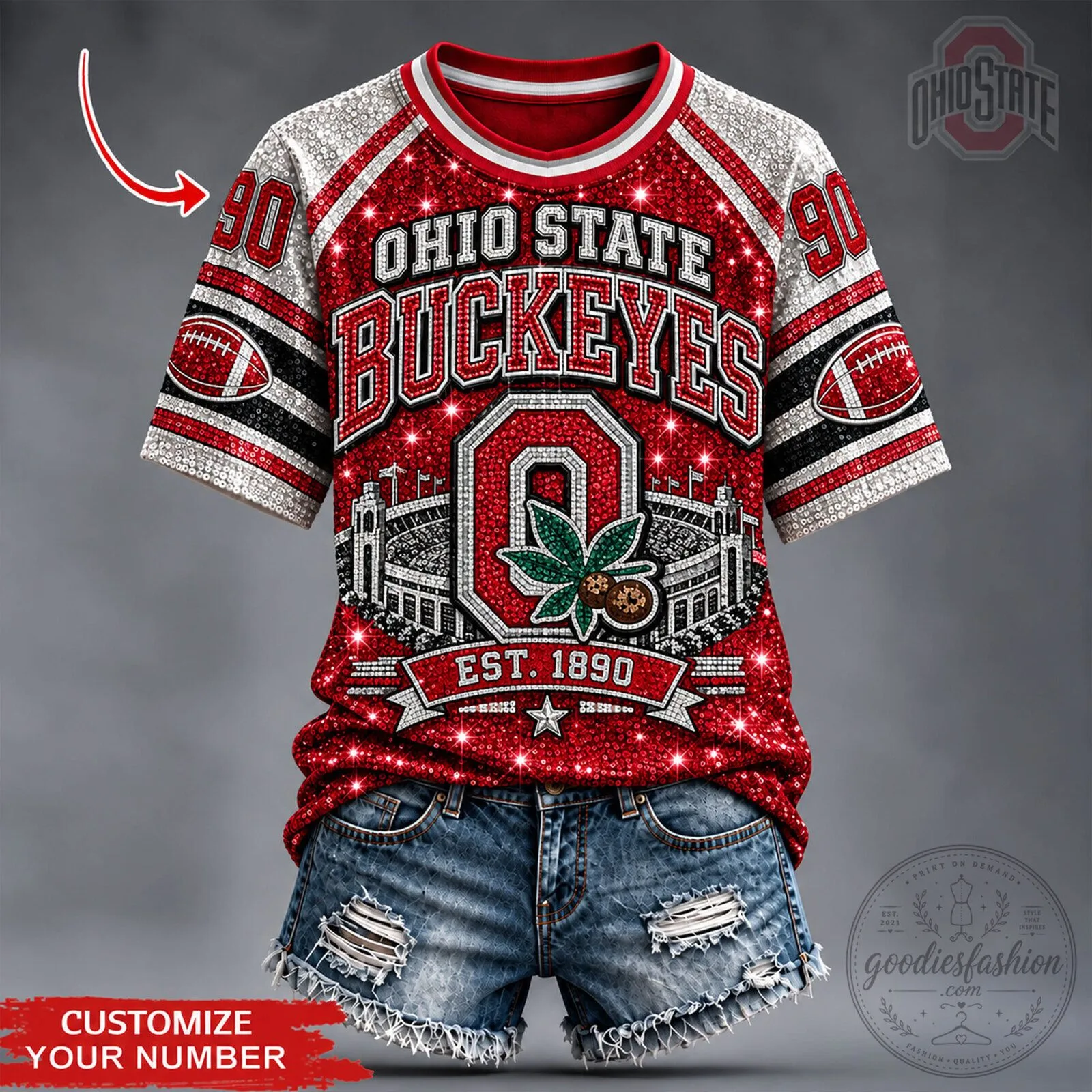 Ohio State Buckeyes Football Team Sparkle Sequin Design T-Shirt