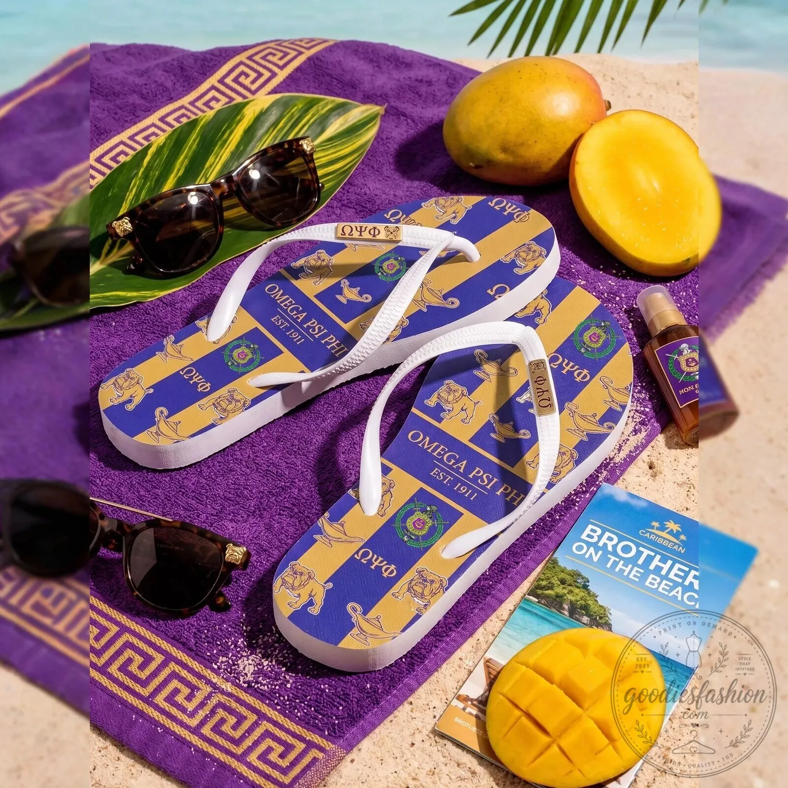 Omega Psi Phi Fraternity Royal Purple and Gold Striped Flip-Flops