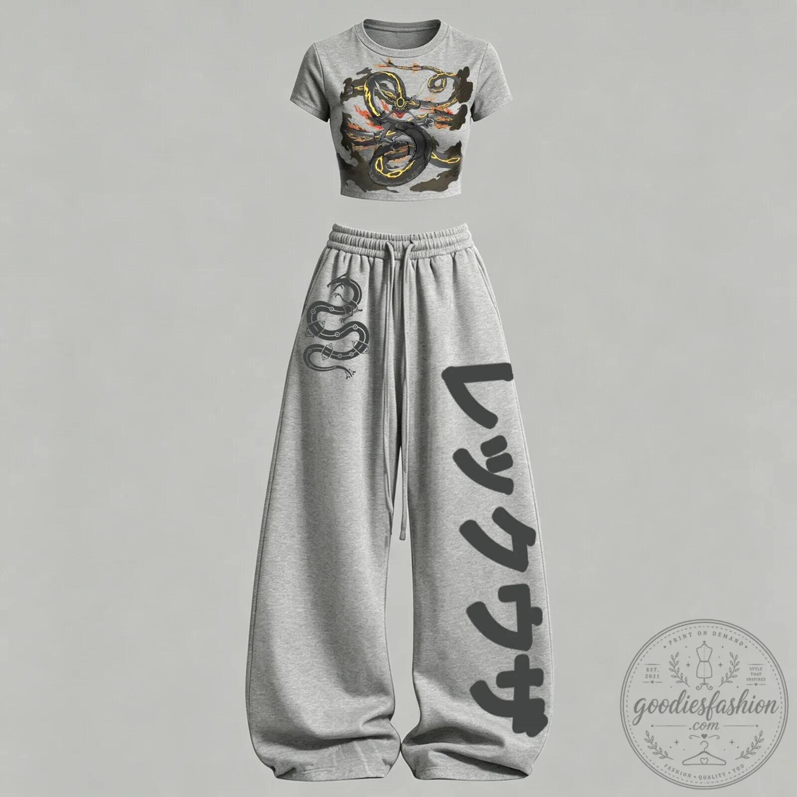 Japanese Dragon Crop Top and Sweatpants Set for Women