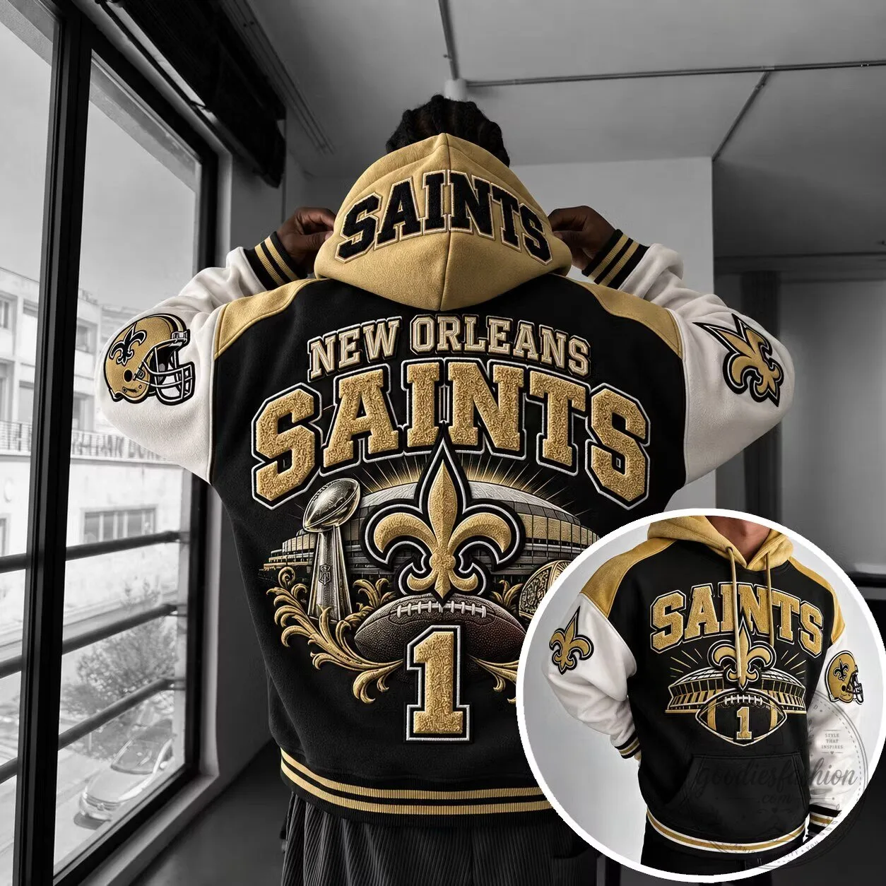 New Orleans Saints Football Team Black and Gold Varsity Hoodie