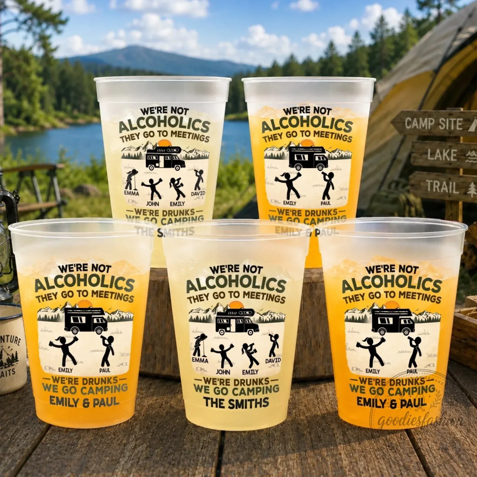 Personalized Camping Party Cups - We're Not Alcoholics They Go To Meetings