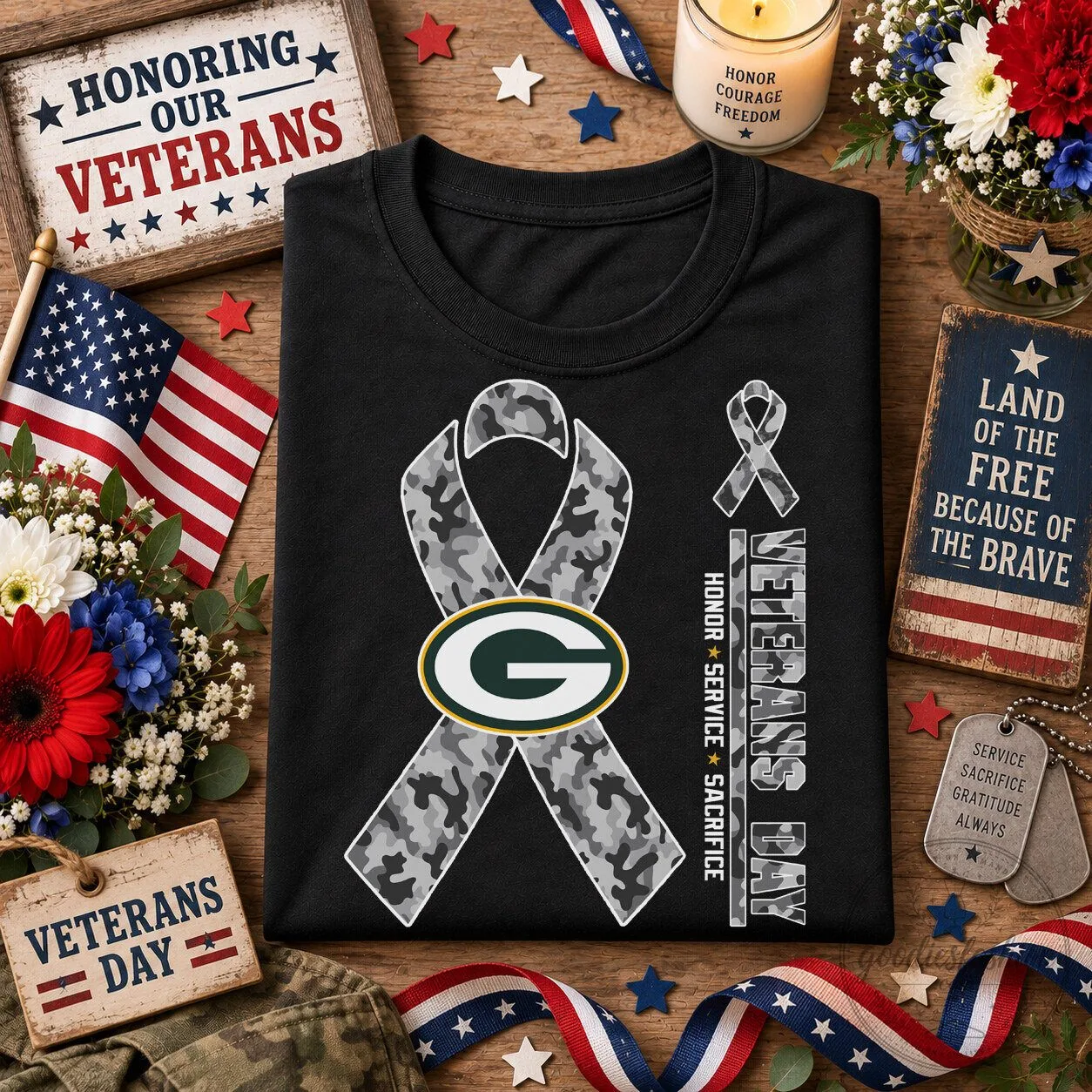 Green Bay Packers Veterans Day Camouflage Ribbon T-Shirt