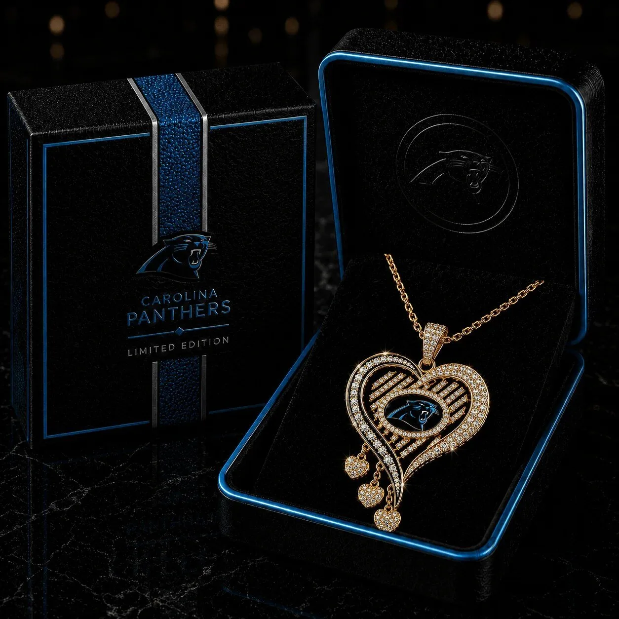 Carolina Panthers Diamond Heart Pendant Necklace with Gold Chain
