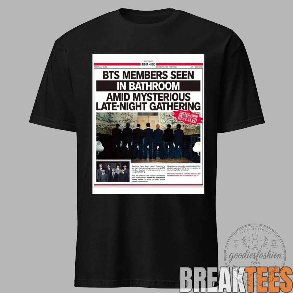 BTS Members Seen In Bathroom Newspaper Tabloid Graphic T-Shirt 1 BTS Members Seen In Bathroom Newspaper Tabloid Graphic T-Shirt