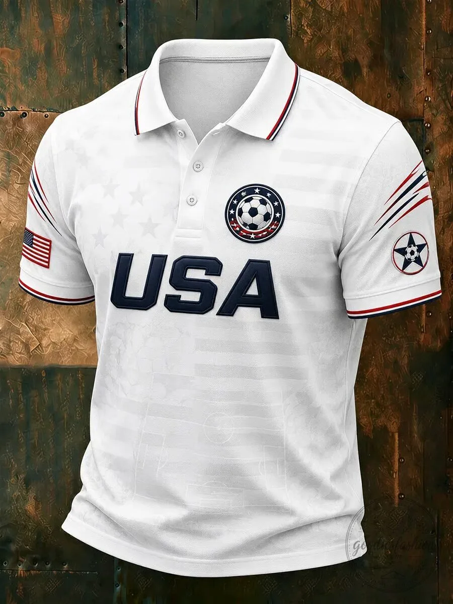 USA Soccer White American Flag Pattern Polo Shirt