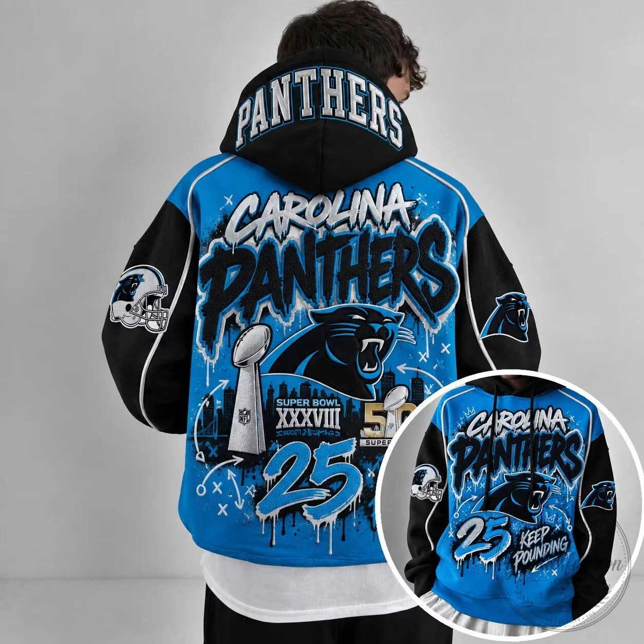 Carolina Panthers Super Bowl 50th Anniversary Black and Blue Hoodie 2 Carolina Panthers Super Bowl 50th Anniversary Black and Blue Hoodie