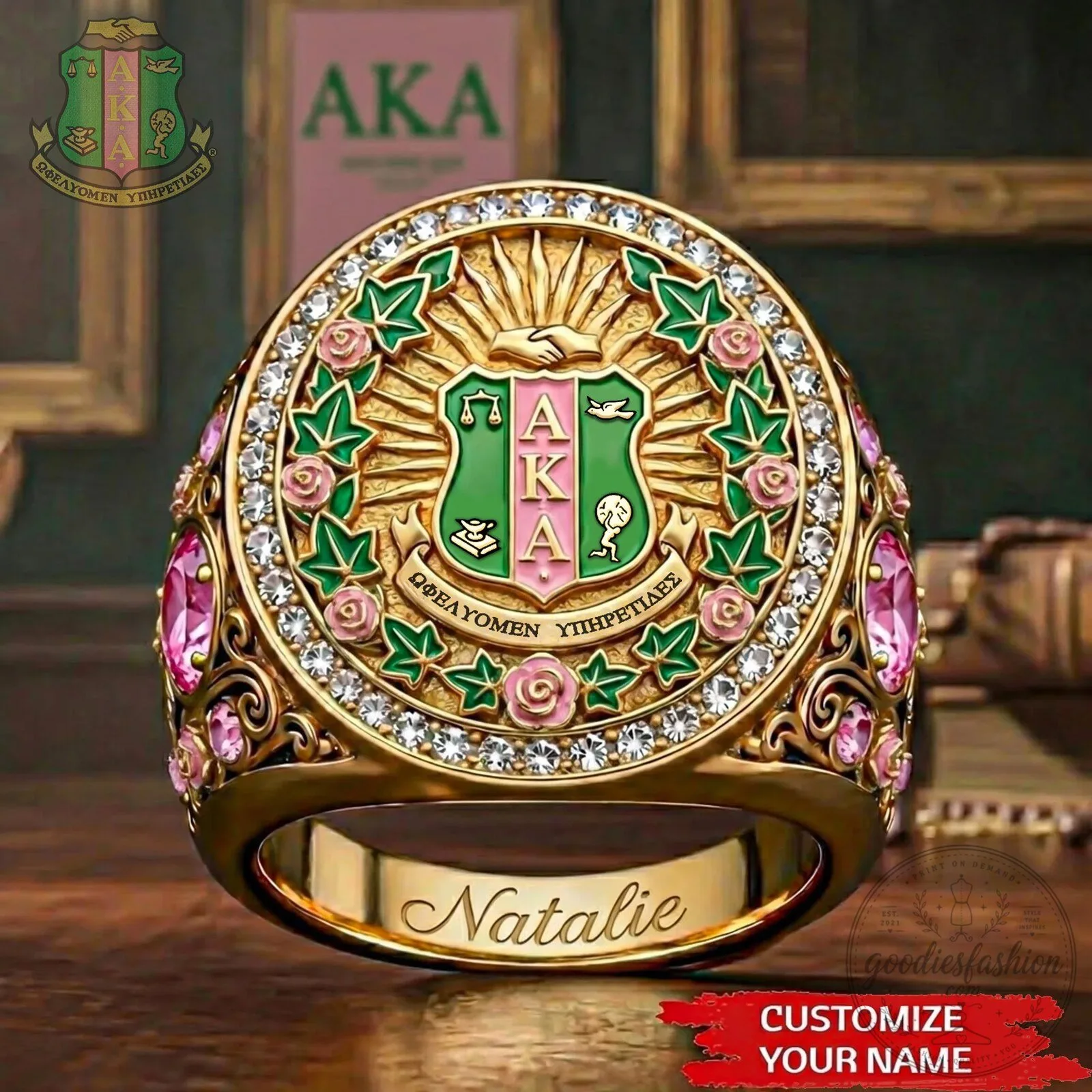 AKA Alpha Kappa Alpha Sorority Shield Personalized Gold Ring