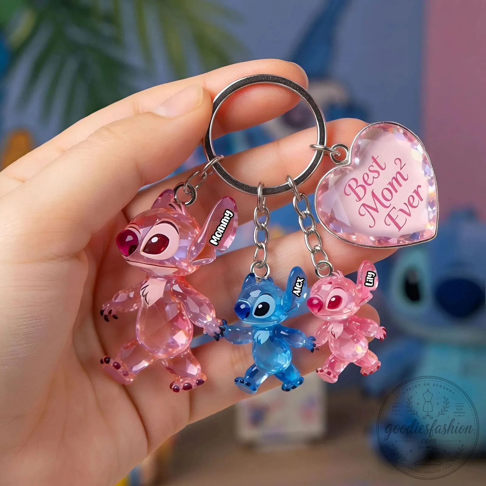 Lilo and Stitch Family Best Mom Ever Personalized Keychain