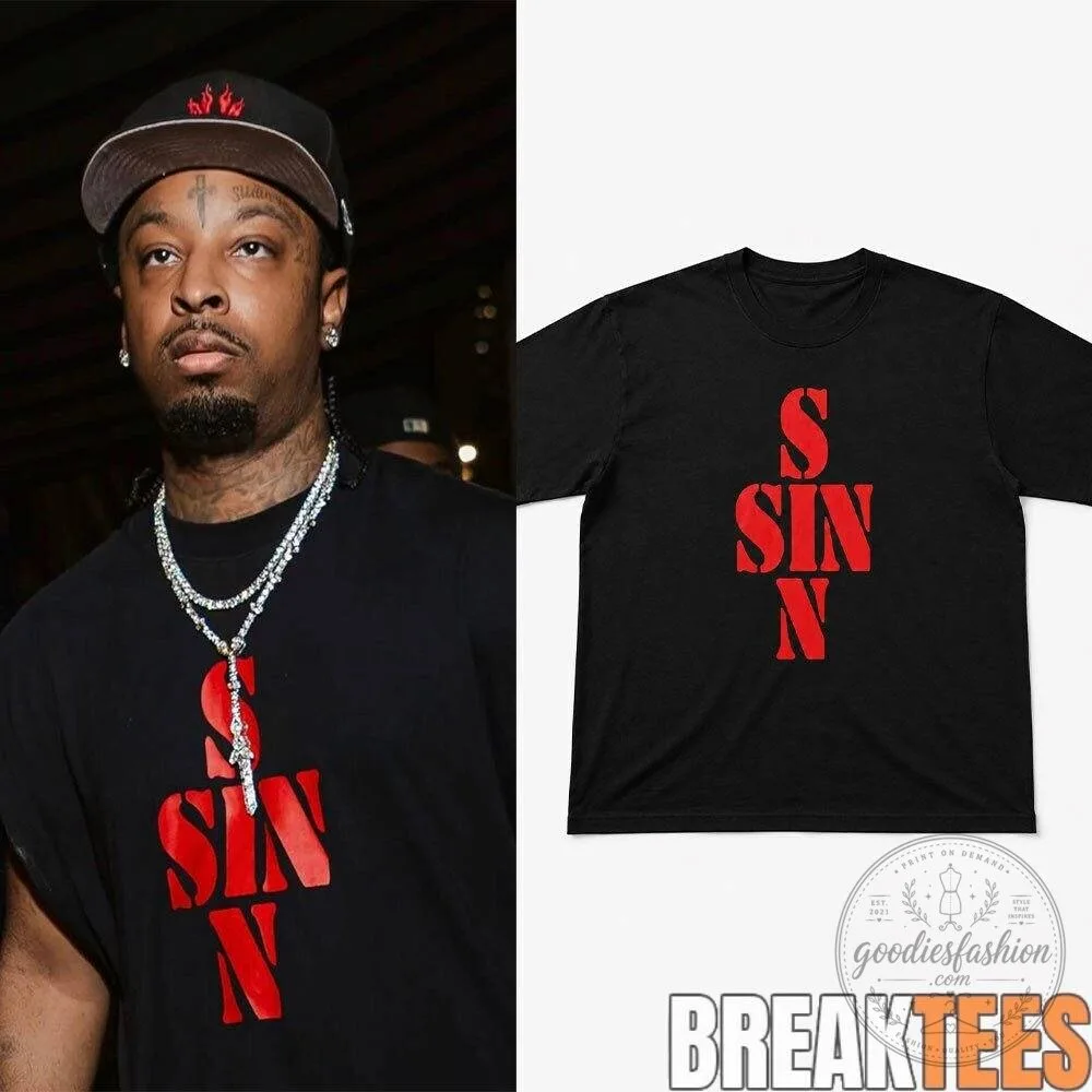 21 Savage SINN Red Sin Cross Typography Black T-Shirt
