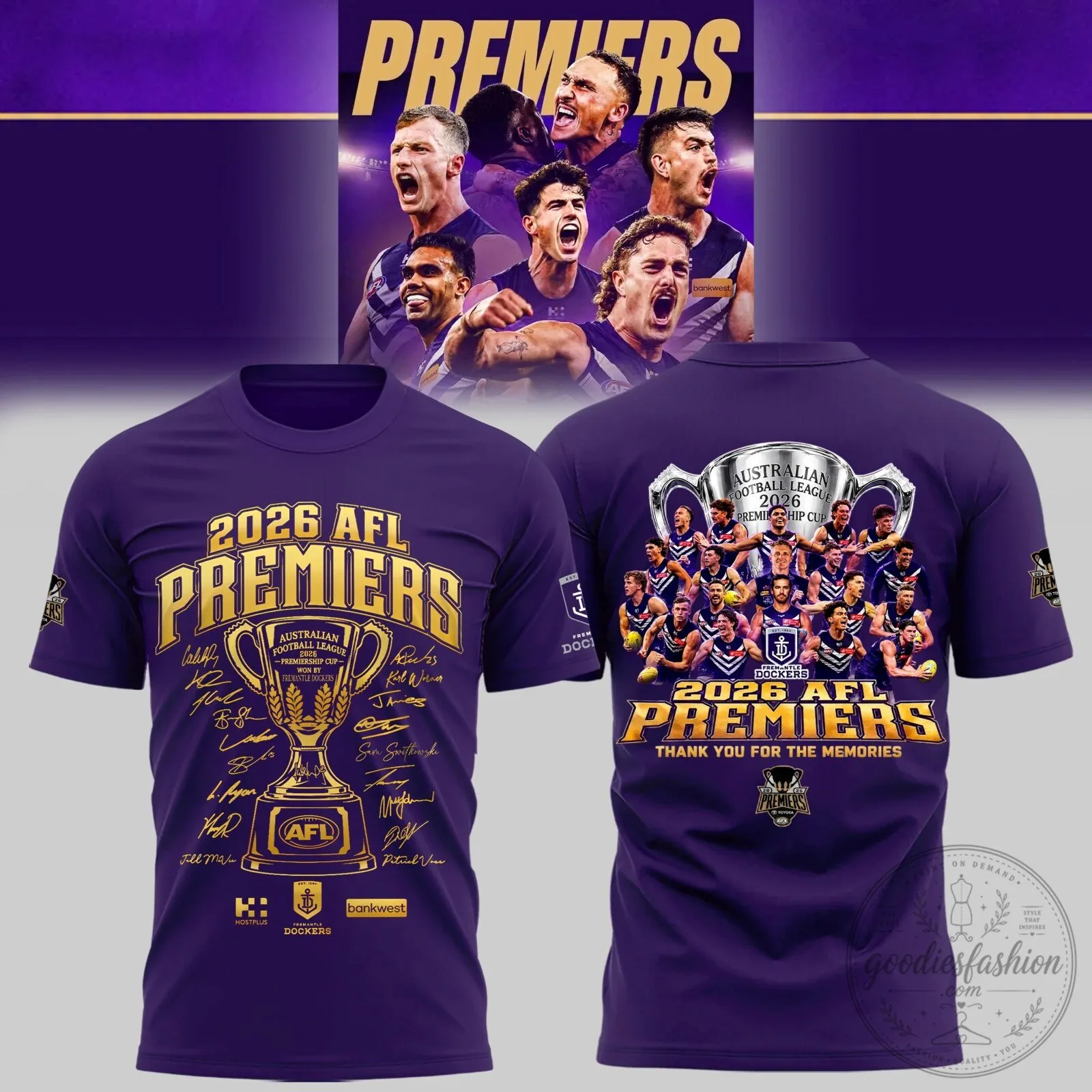 2026 AFL Premiers Commemorative T-Shirt in Purple for Fremantle Dockers