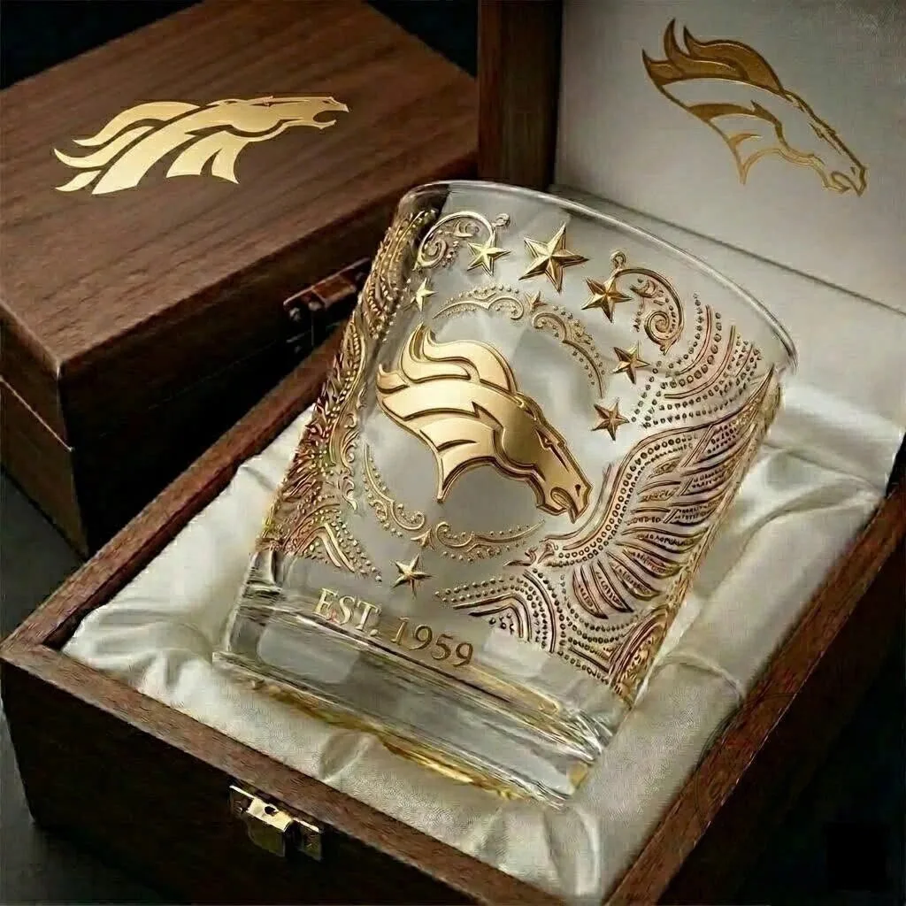 Denver Broncos Gold Edition Whiskey Glass with Tribal Engraving 1 Denver Broncos Gold Edition Whiskey Glass with Tribal Engraving