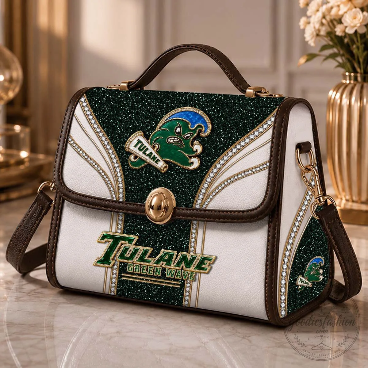 Tulane Green Wave NCAA Football Team Logo Diamond Pattern Handbag